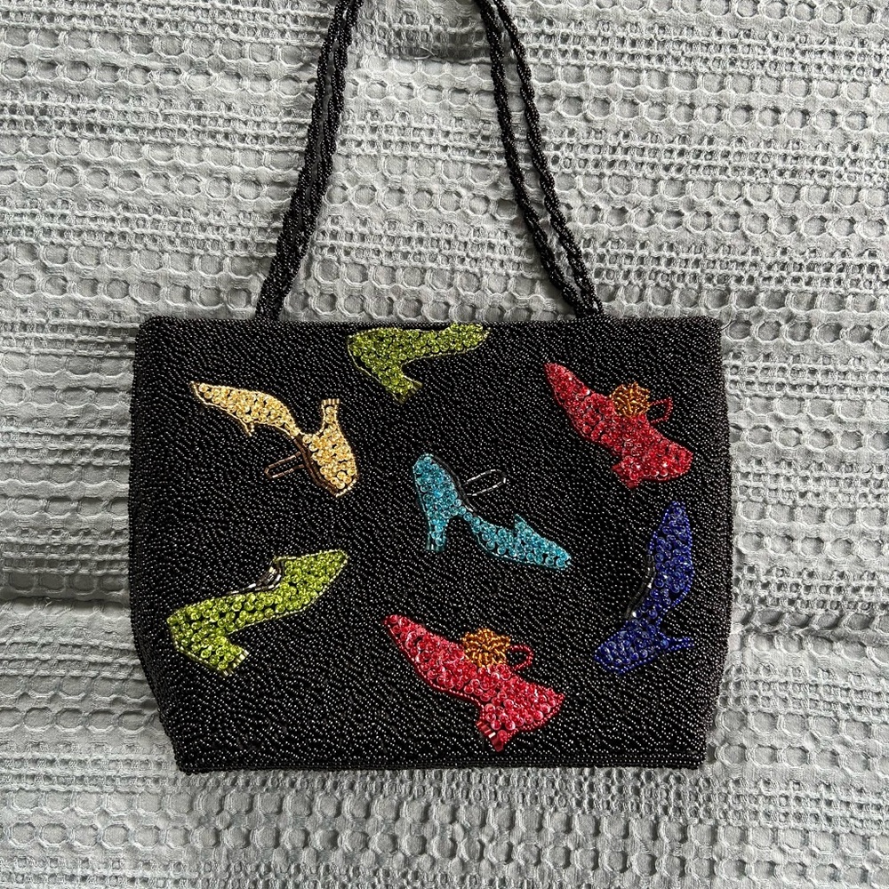 Vintage Black Beaded Mini Tote with Multicolor Shoe Embellishments